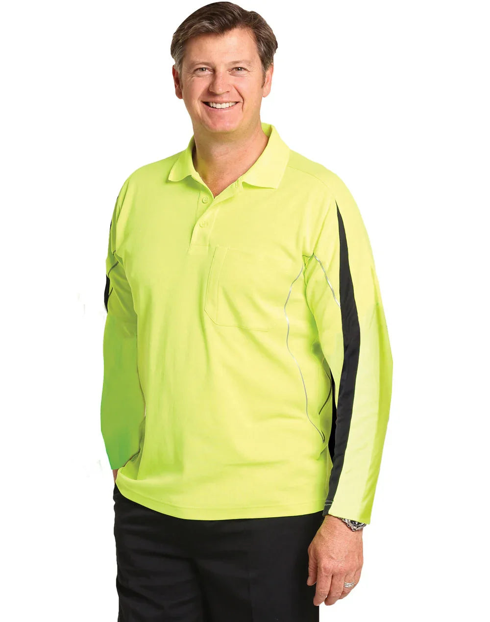 Mens TrueDry® Hi-Vis Long Sleeve Polo with Reflective Piping SW33A - PrintaPromo