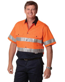 Mens High Visibility Cool-Breeze Cotton Twill Short Sleeve Safety Shirt With Reflective 3M Tapes SW59 - PrintaPromo