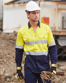 Mens High Visibility Cool-Breeze Cotton Twill Long Sleeve Safety Shirt With Reflective 3M Tapes SW60 - PrintaPromo